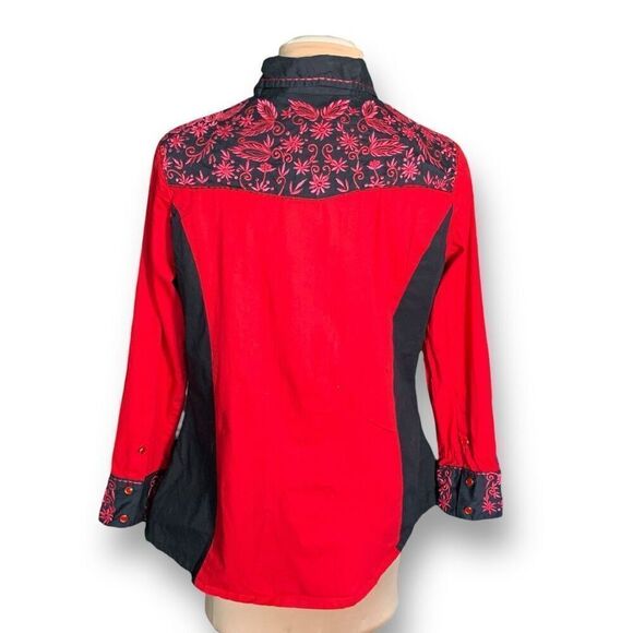 Vintage Collection Red Black Dark Floral Embroidered Long Sleeve Western Shirt - Picture 5 of 10
